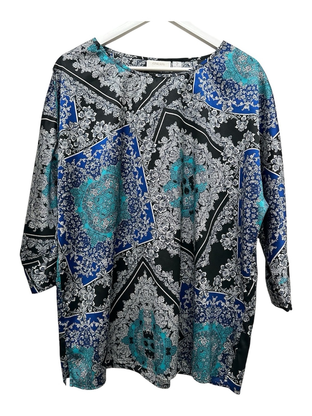 Chicos Size 2 Top L Silky Floral Blue 3/4 Dolman Sleeve Pullover Womens Career